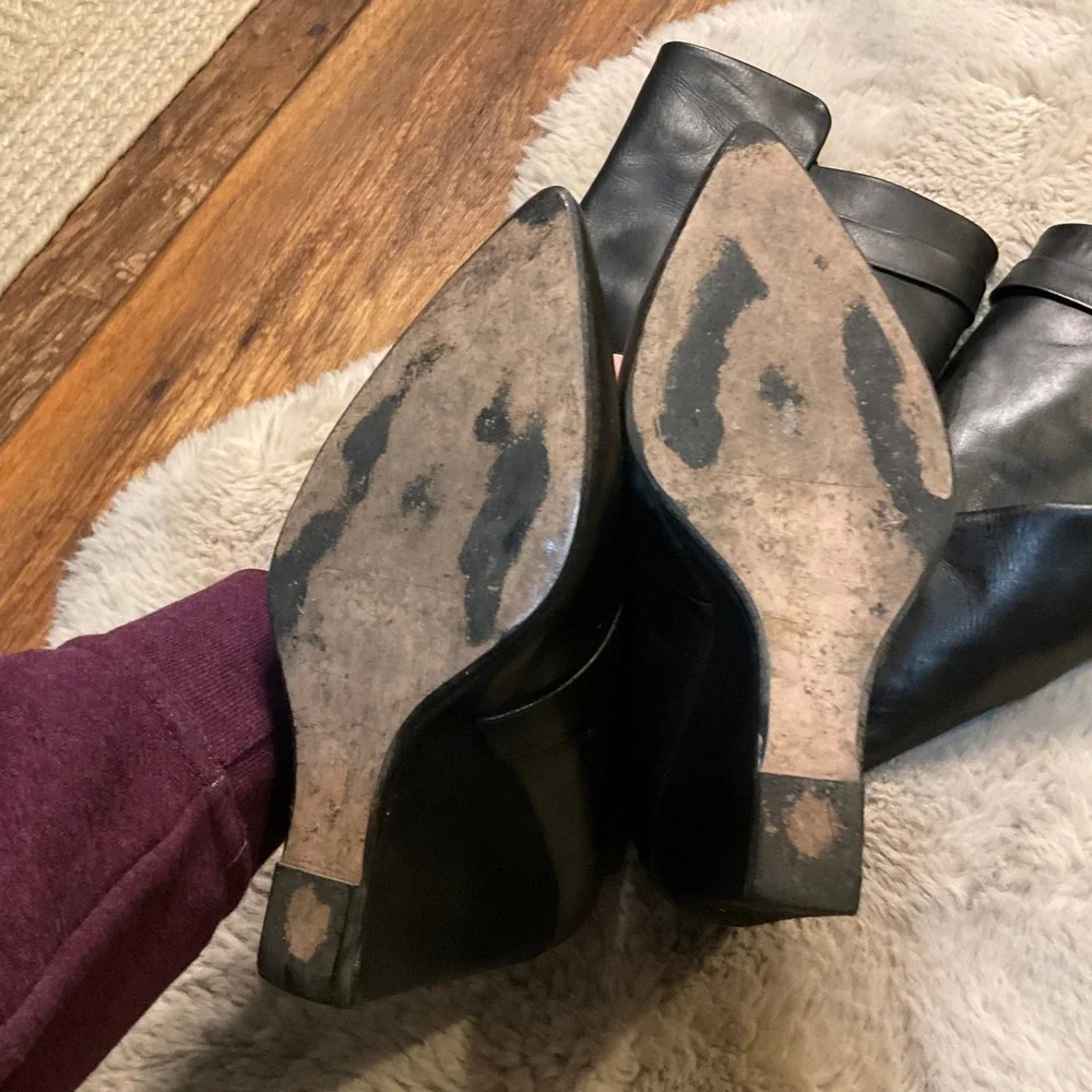 Zara Boots Leather Knee High Size 38 7.5 Pointed Toe Block‎ Wedge Heel Womens